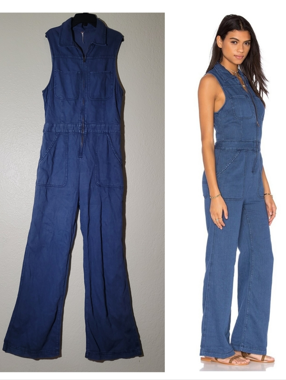 Free People | The Wind & More Denim Jumpsuit 10 Wide Leg Retro Bohemian Summer